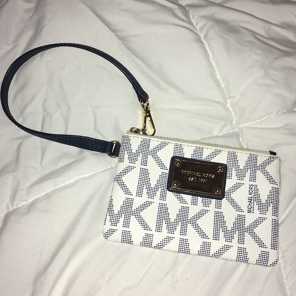 Michael Kors blue and white wristlet